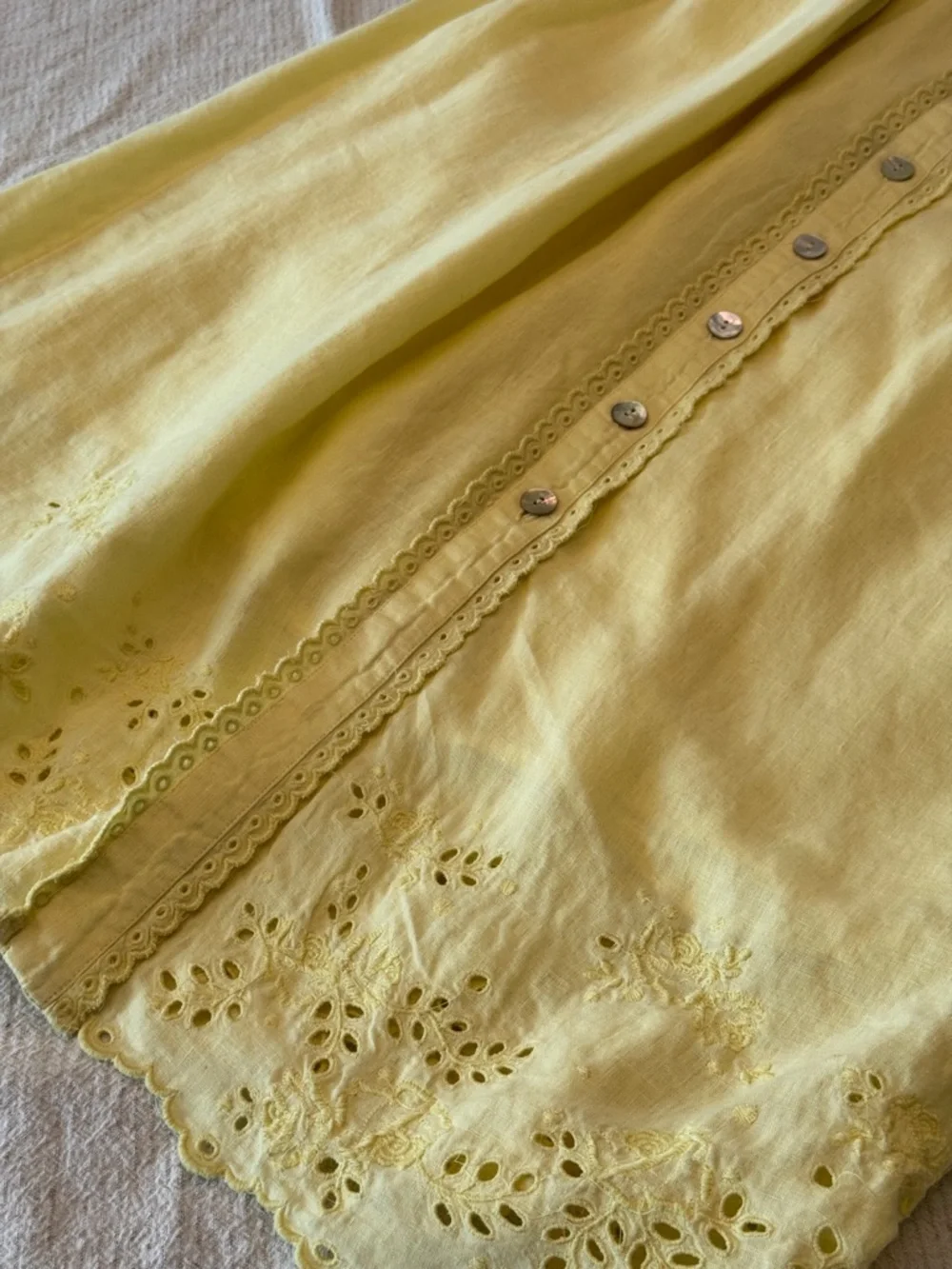 Wilfred 100% linen la boheme Yellow Eyelet Button-Front Midi Dress boho - Picture 9 of 17